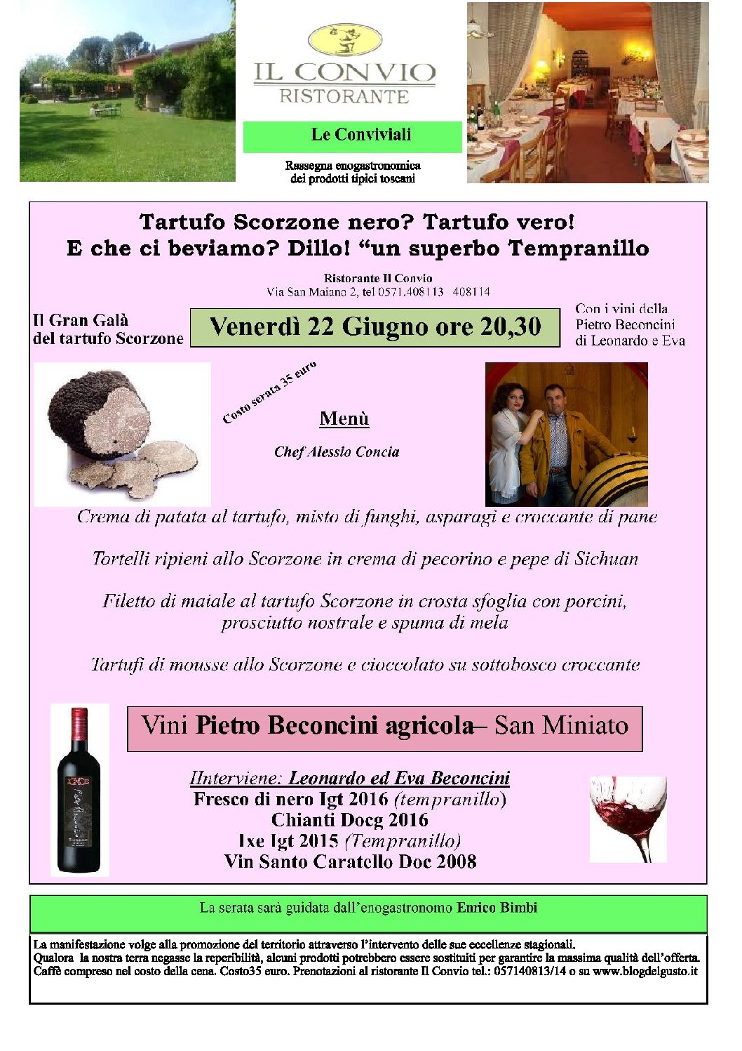 Favoloso! venerdì 22 giugno Galà a tutto tartufo Scorzone per il ritorno delle Conviviali al Ristorante Il Convio di San Miniato