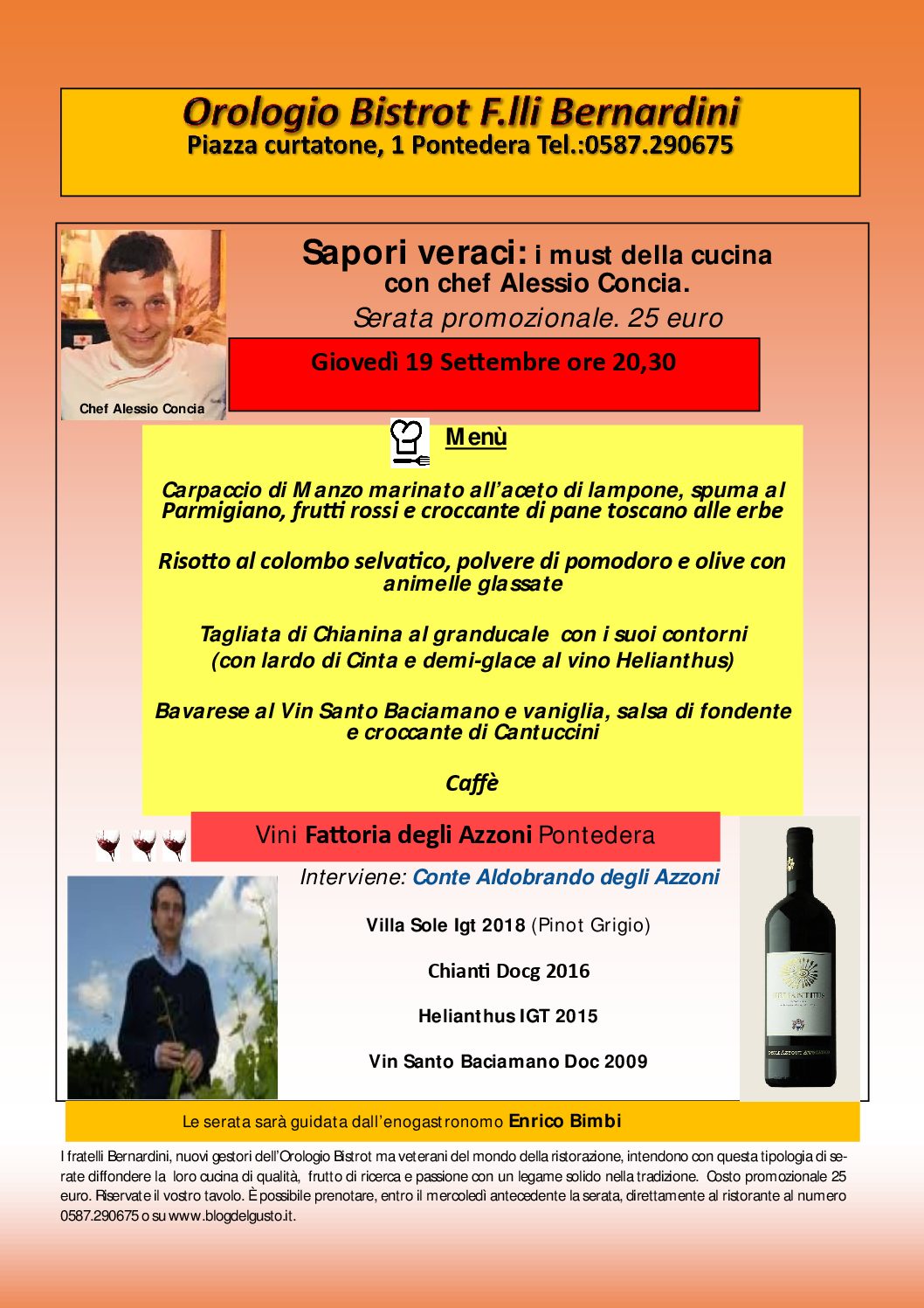 I F.lli Benardini presentano l'Orologio Bistrot con evento promozionale dedicato ai must della cucina e ai vini della Fattoria degli Azzoni