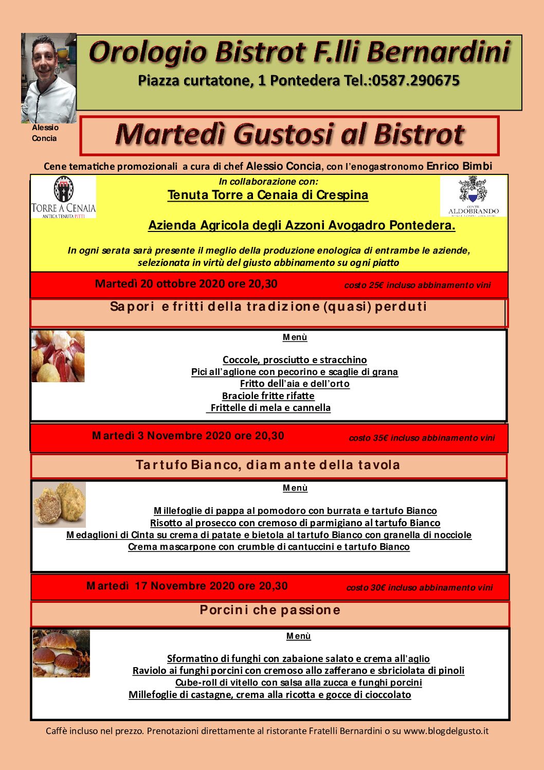 Annullata causa Dpcm obbligo di chiusura Serale20 ottobre, 3 e 17 novembre Martedì Gustosi all'Orologio Bistrot. 3 cene degustazioni da non perdere