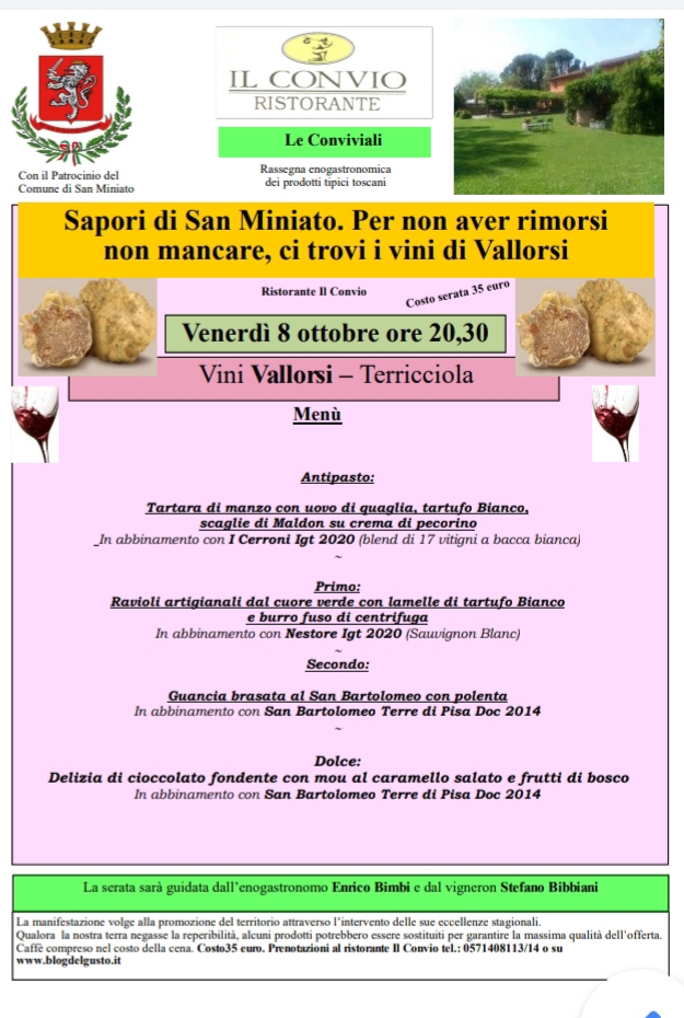 Torna l'evento "Le Conviviali" al ristorante Il Convio con tartufo Bianco e vini Vallorsi
