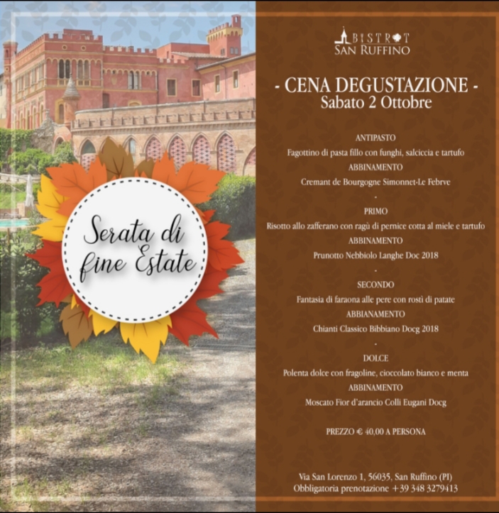 Gran "Serata di fine estate" al Bistrot del castello di San Ruffino sabato 2 ottobre