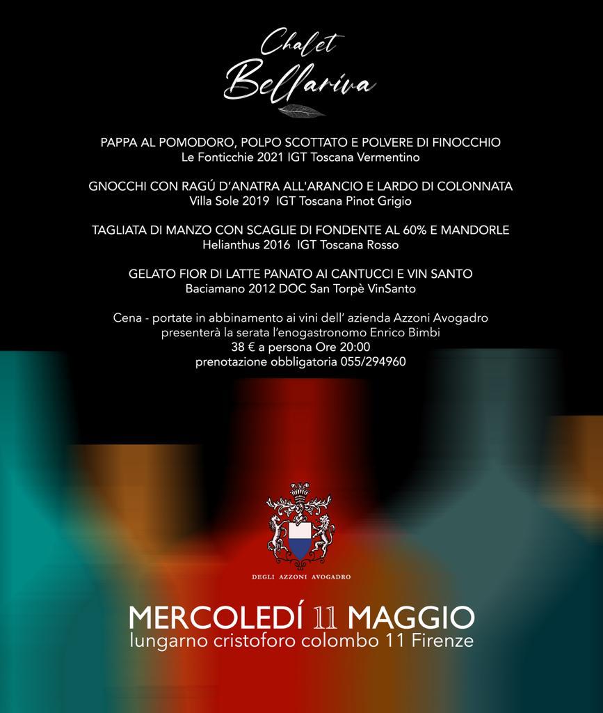 11 maggio ore 20, superba cena a Firenze allo Chalet Bellariva con esibizione dei vini degli Azzoni Avogadro